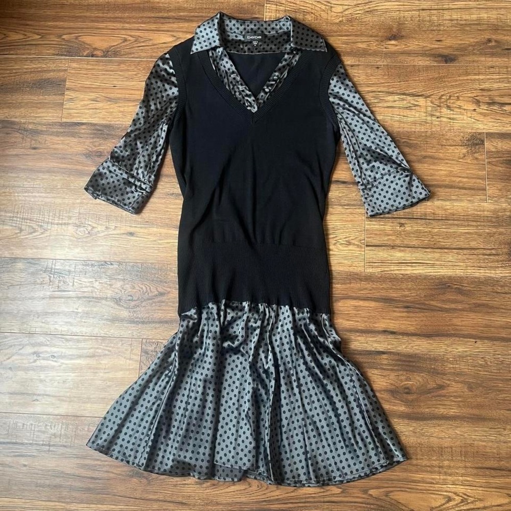 Bebe Silk Satin Polka Dot Dress Layered Knit‎ Vest Women Medium Y2K Office Party